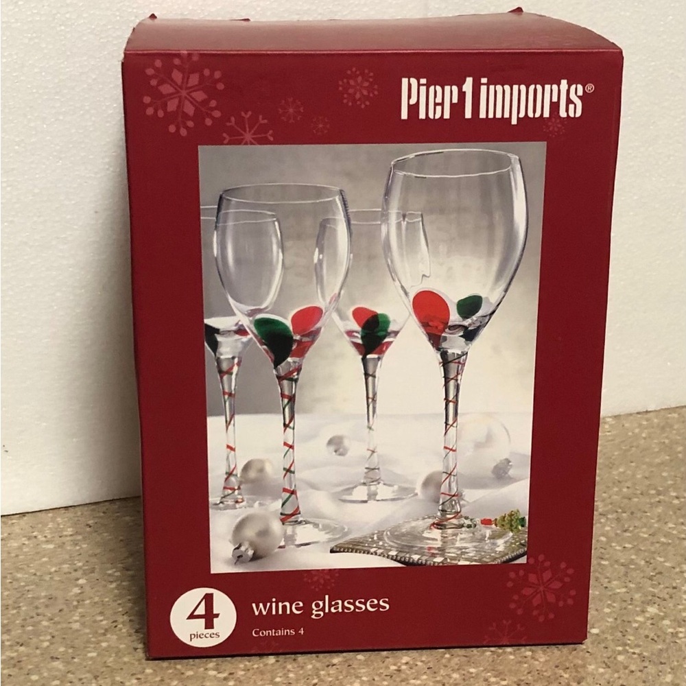 Pier 1 Imports Wine Glasses Set of 4 Red/Green Teardrop Stem Glasses